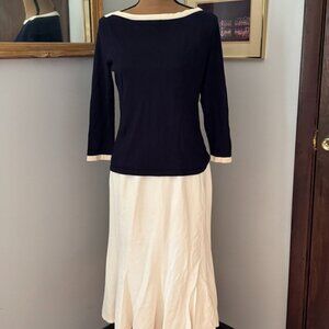 Vintage 90s Lauren Ralph Lauren Navy Cream Skirt and Boatneck Sweater Set